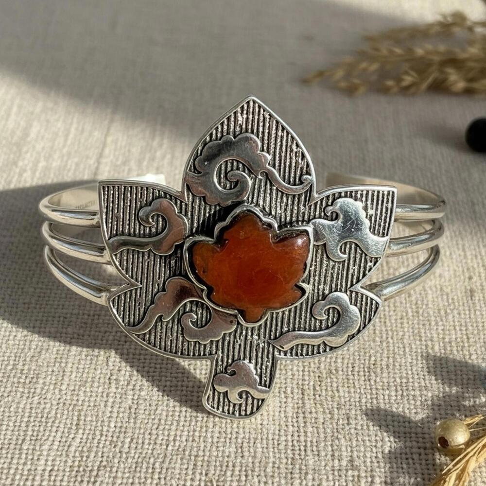Sterling Silver Cuff Bracelet with Orange Stone Floral Accent
